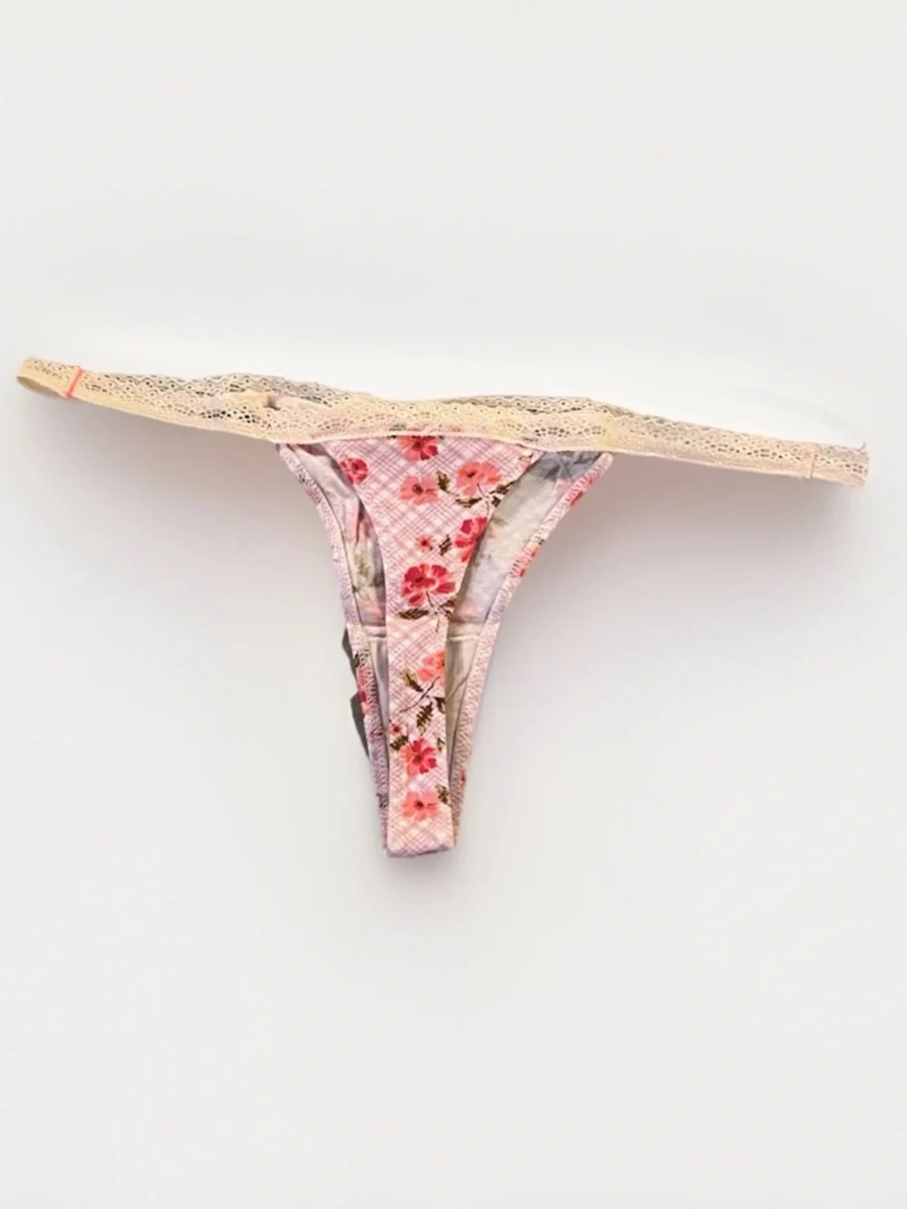 Aerie Sustainable Super Thong Panties, Pink Floral Lace, Size L, 1 Pack